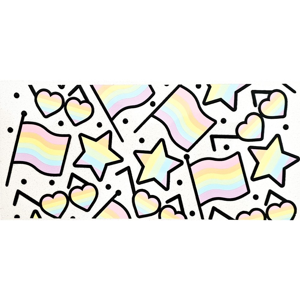 Pastel rainbow flags, stars, and hearts with black outlines on a white background.