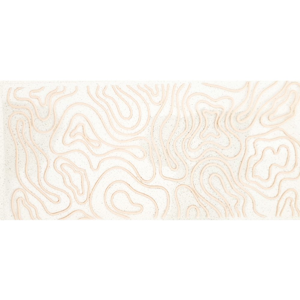 Minimalist topographic contour line design in soft beige tones on a white background.