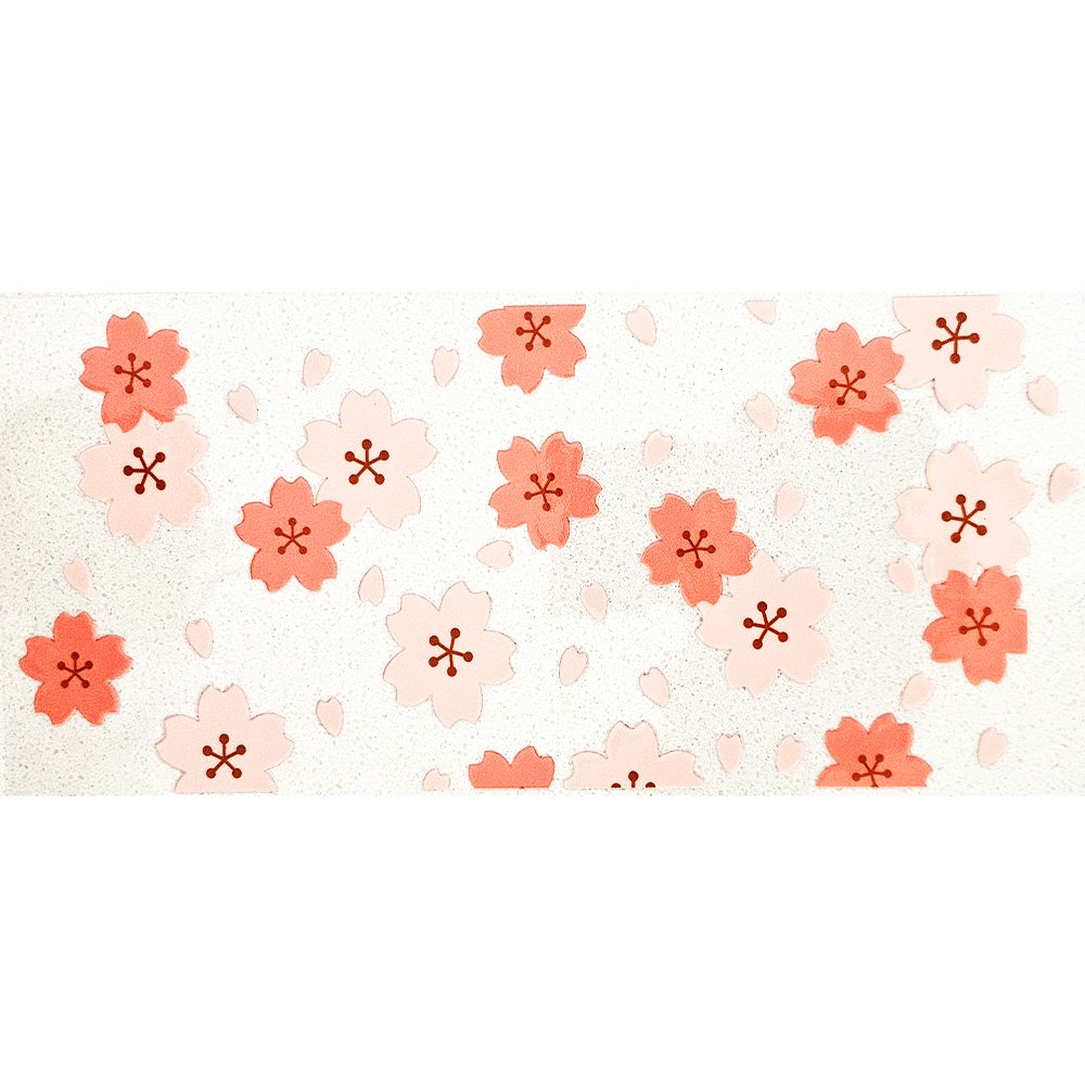 Light and dark pink cherry blossom flowers with scattered petals on a white background.