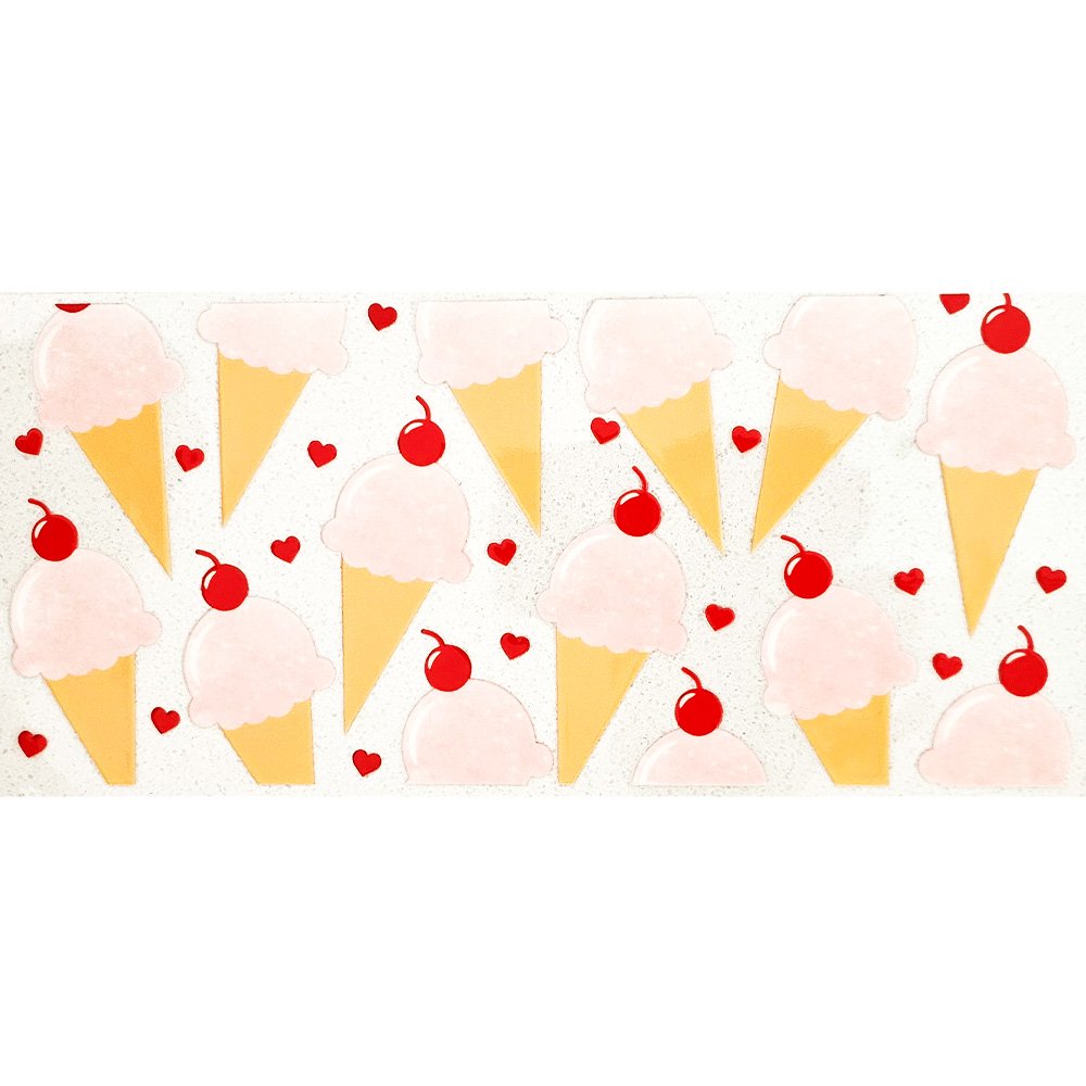 Cute pink ice cream cone stickers with red cherries and heart accents on a white background.