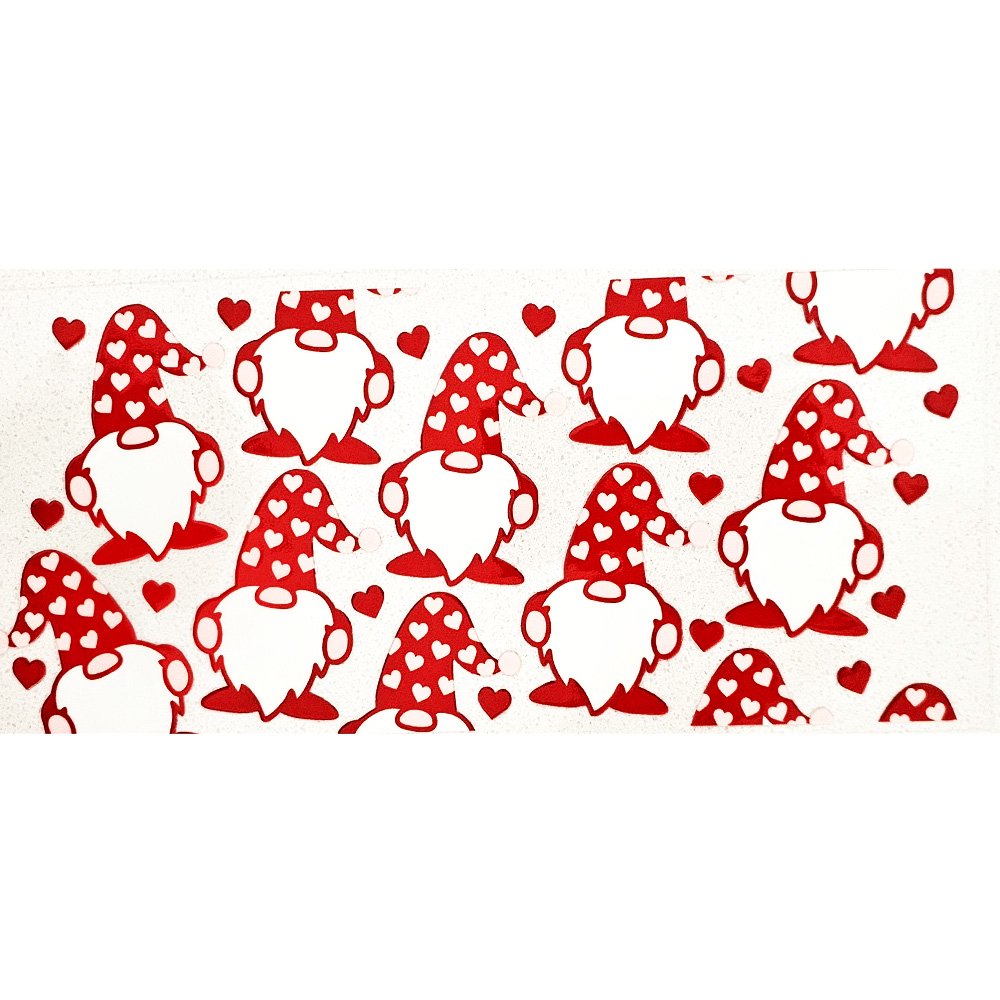 Valentine gnome decals with red hats covered in white hearts and scattered red heart accents
