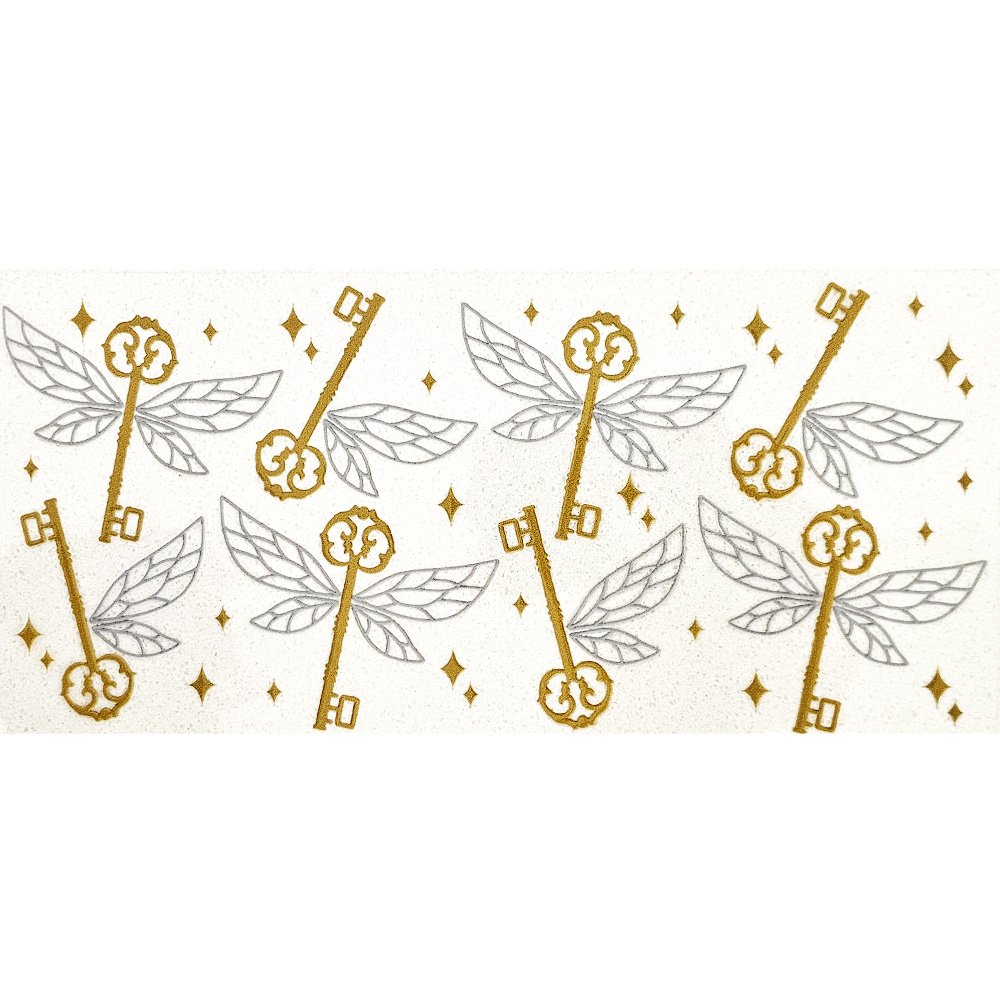 Gold vintage-style keys with silver wings and sparkling star accents on a white background.