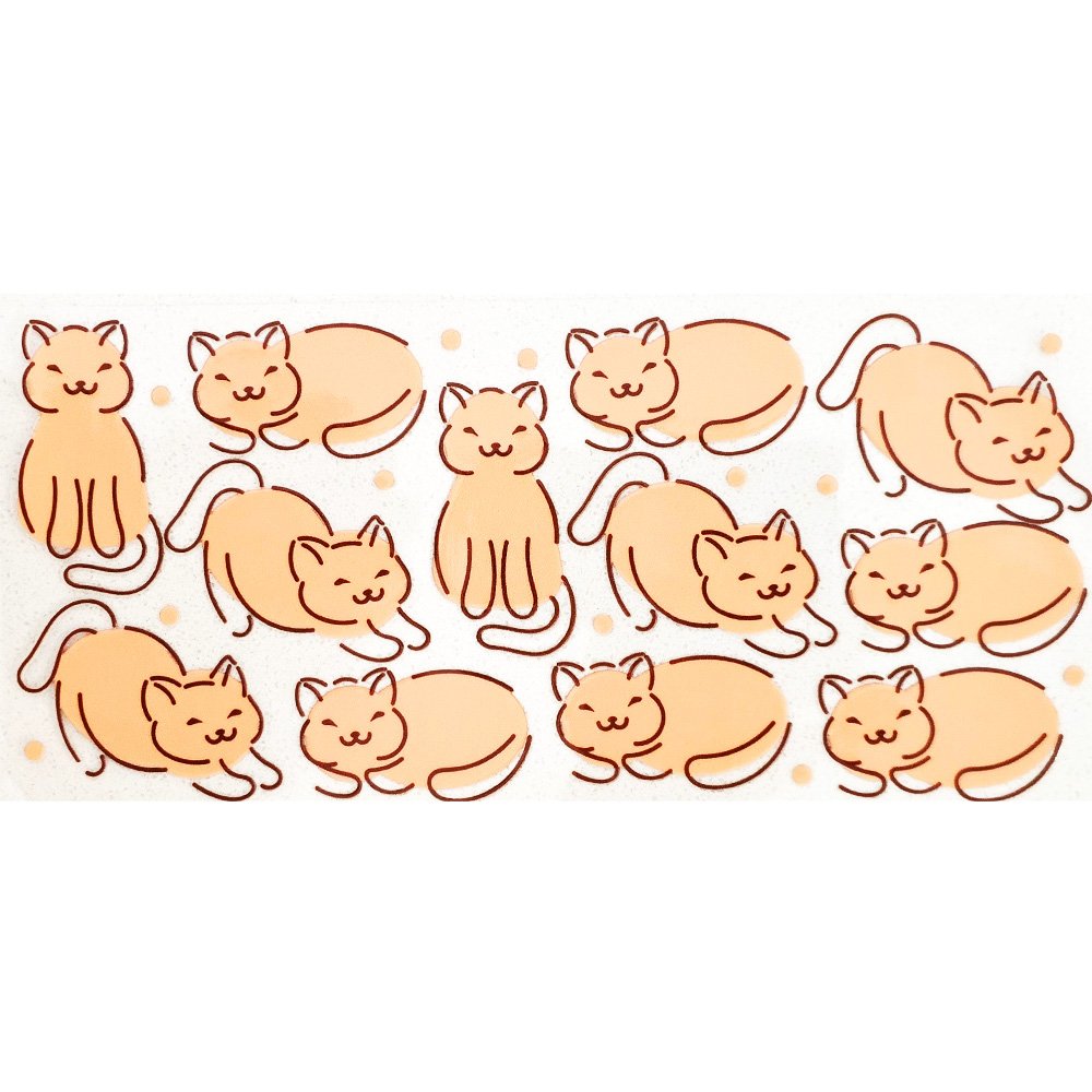 Assorted cartoon-style orange cats in various cute poses with soft peach dots on a white background.