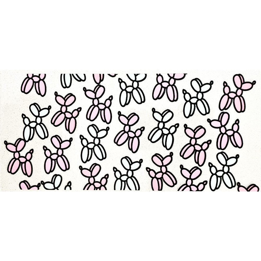 Pattern of black and pink balloon dog illustrations on a white speckled background.