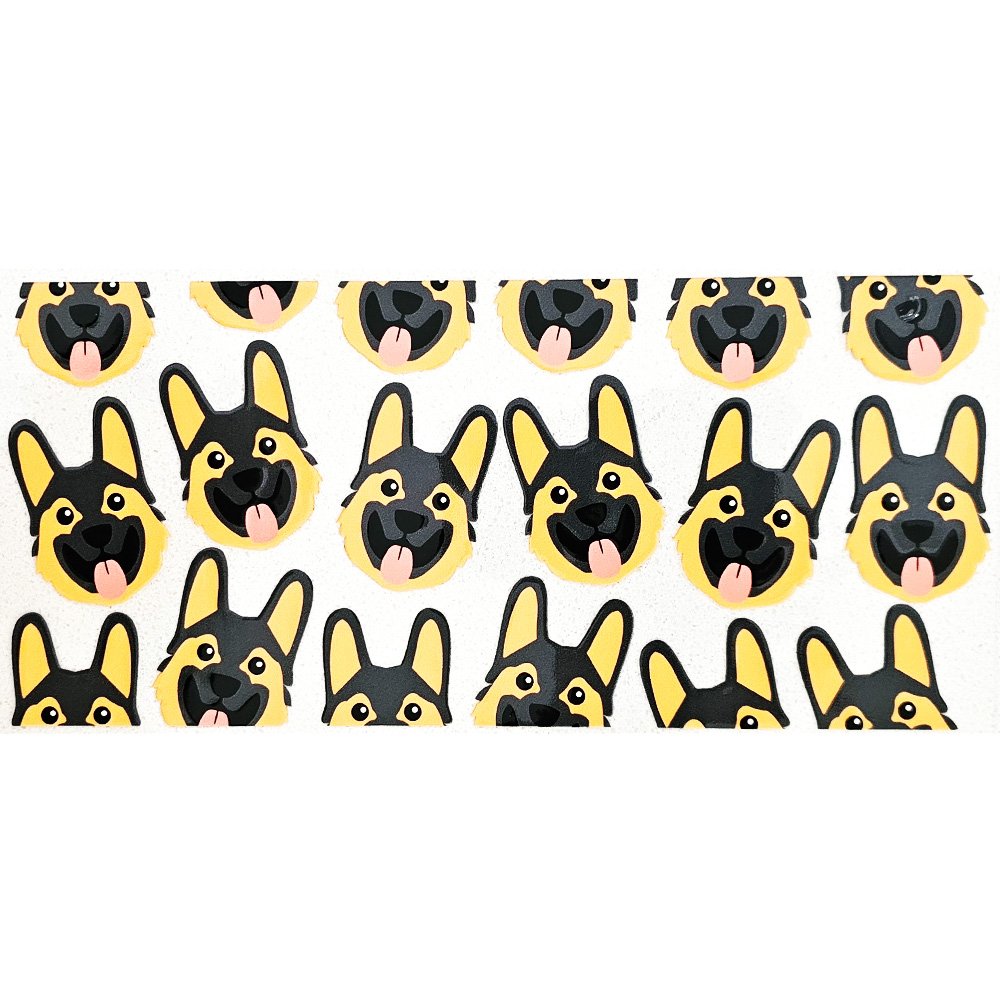 Repeating pattern of cute German Shepherd cartoon faces with their tongues out on a white speckled background.