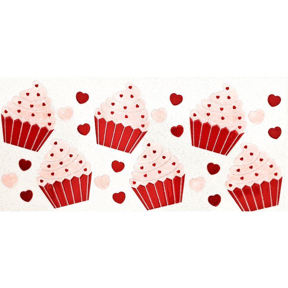 Pattern of pink frosted cupcakes in red liners with red and pink hearts on a white background.