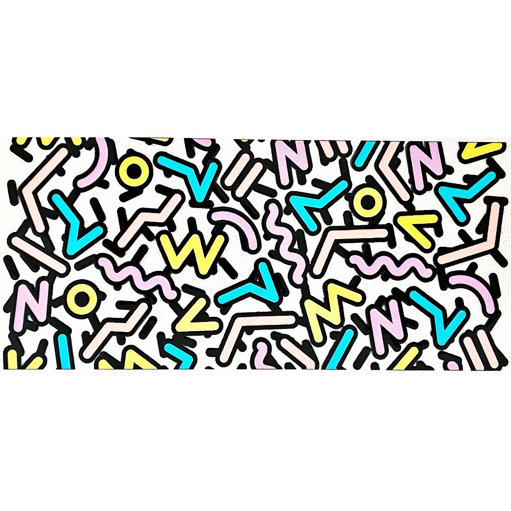 Colorful retro-style squiggles, arrows, and geometric shapes in pastel blue, pink, yellow, and black on a white background.