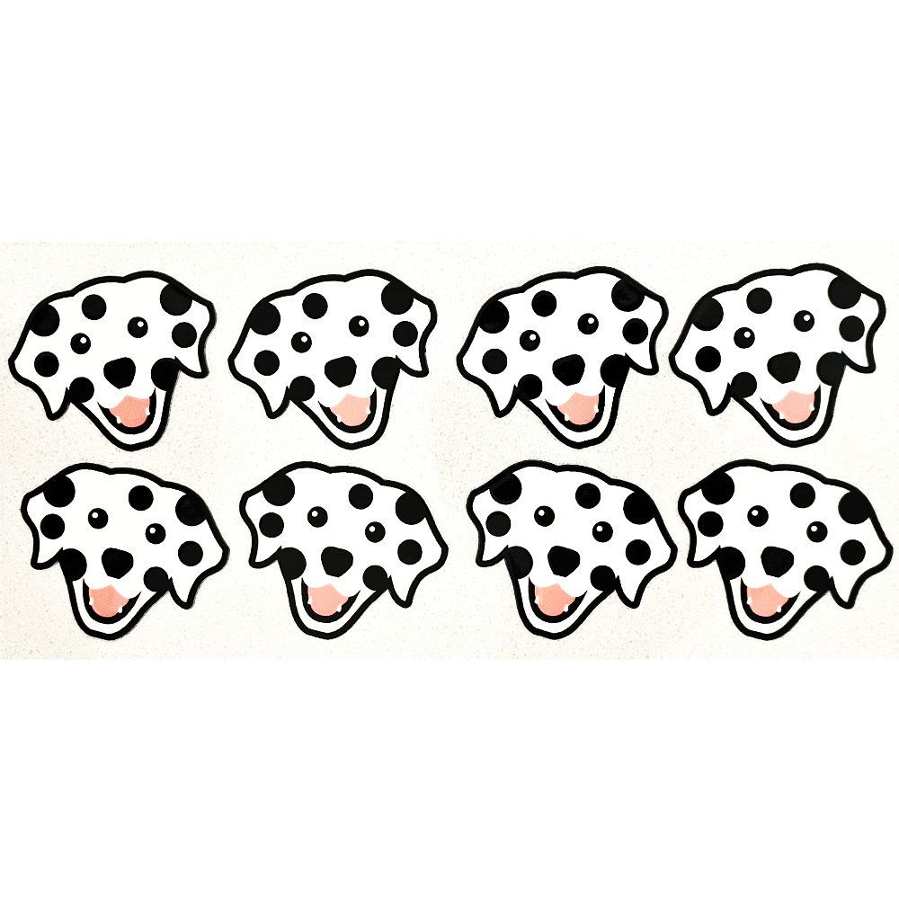 Dalmatian dog face stickers with happy expressions and black spots on a white background.