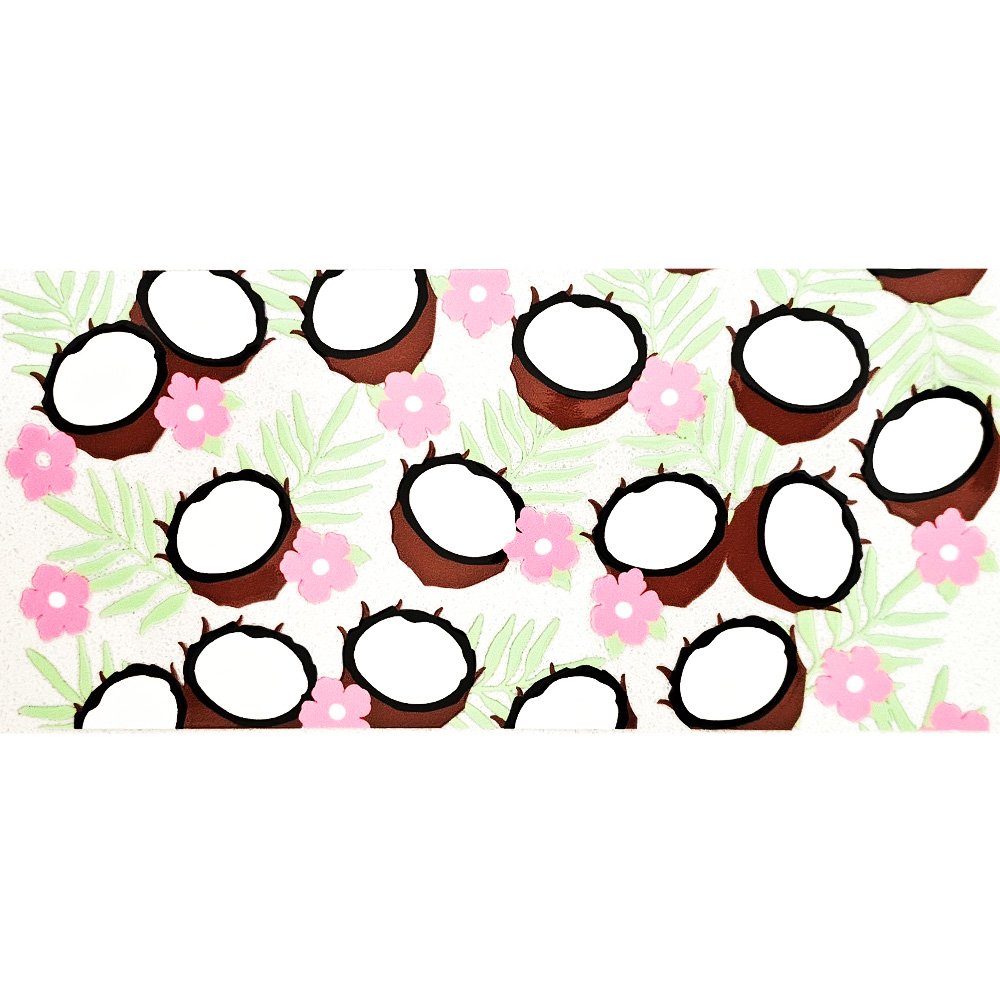 Brown coconut half stickers with white interiors, pink flowers, and green tropical leaves on a white background.