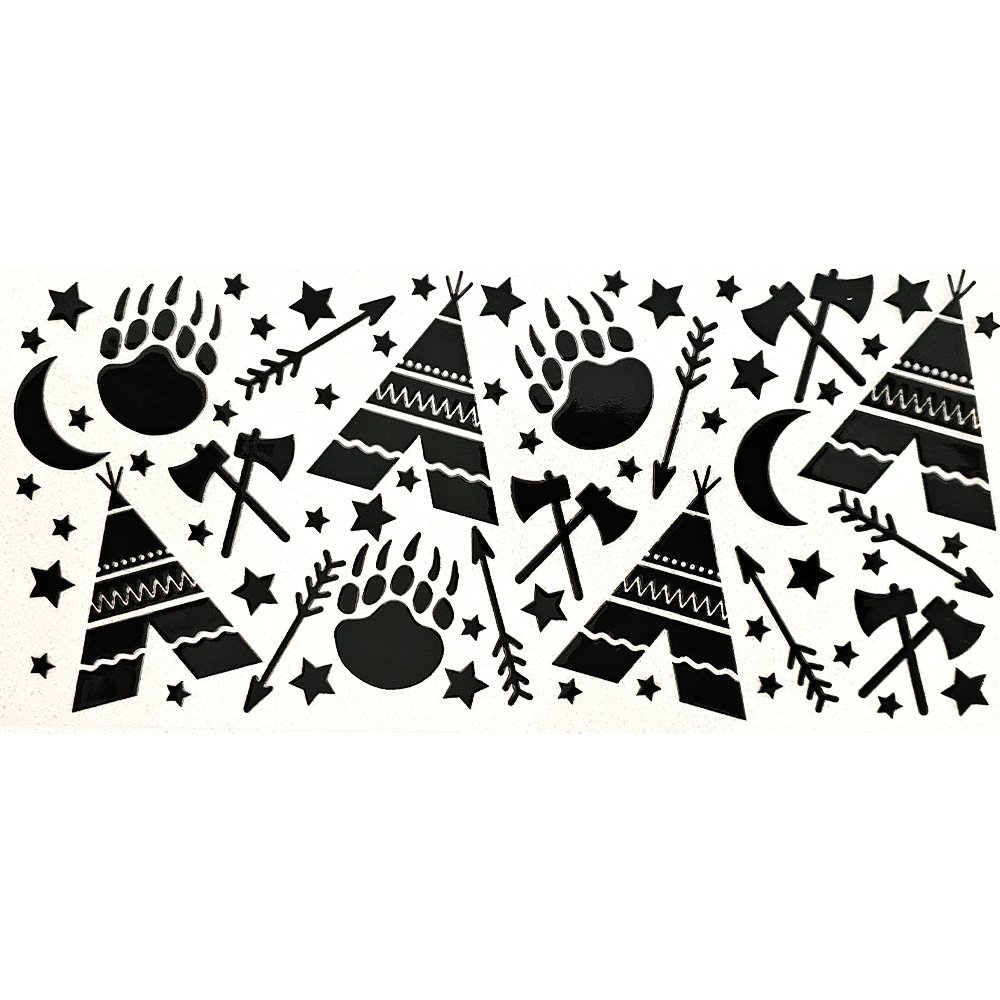 Black tribal-themed decals featuring tents, bear paw prints, crossed axes, arrows, stars, and crescent moons on a white background.