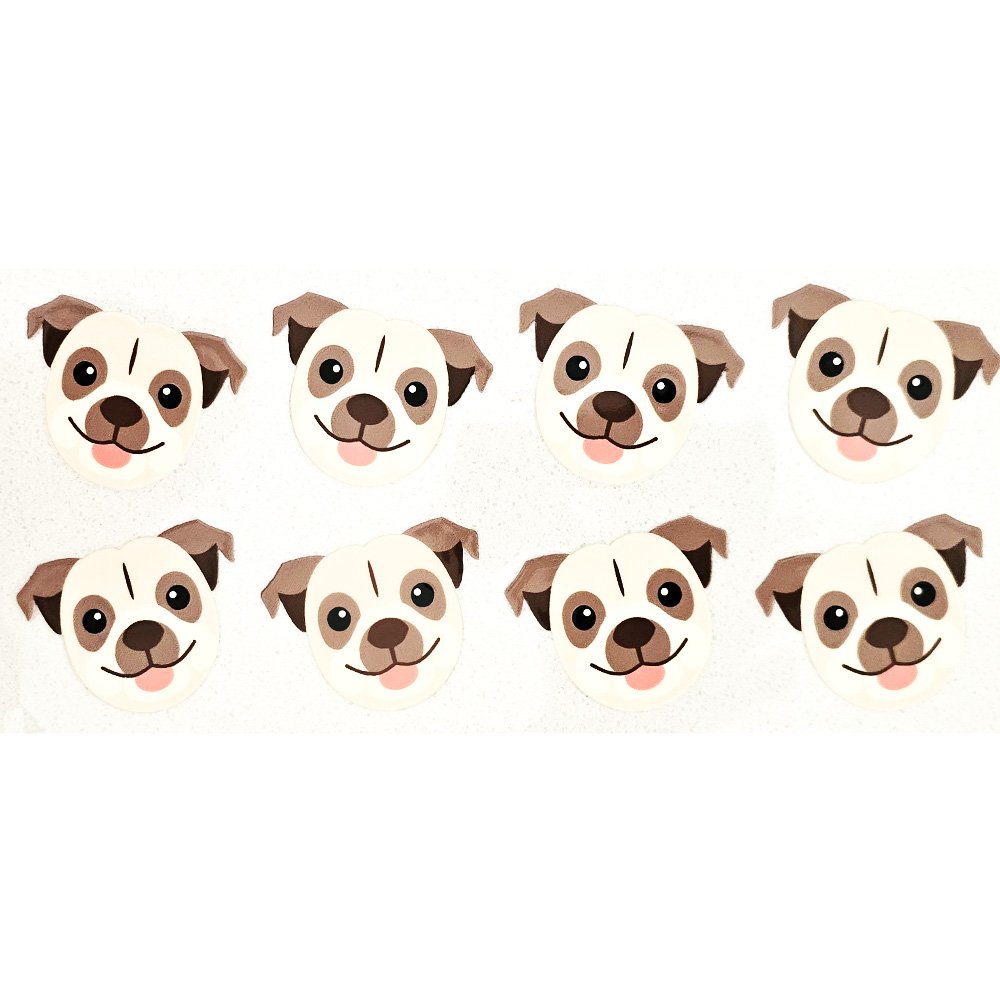 Cute vinyl sticker set featuring cartoon pug faces with brown ears and expressive eyes on a white background.