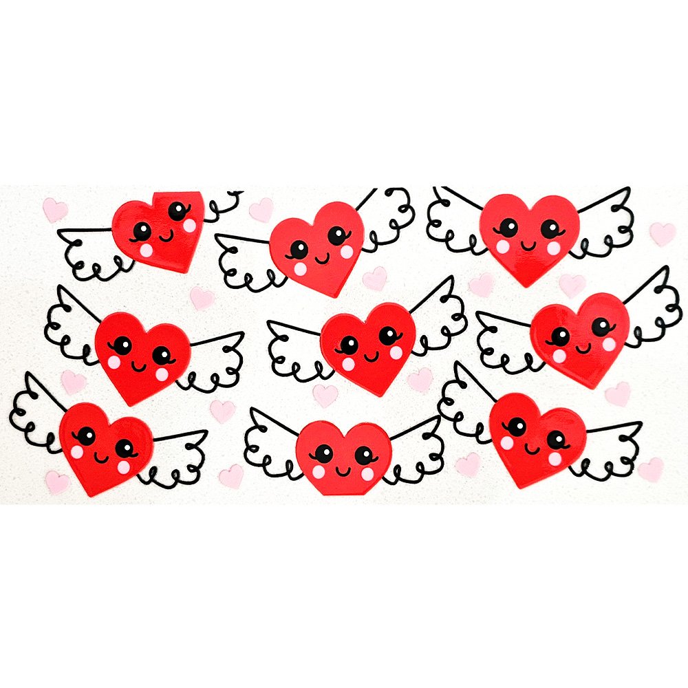 Cartoon red heart stickers with cute smiling faces and white wings, surrounded by pink mini hearts on a white background.