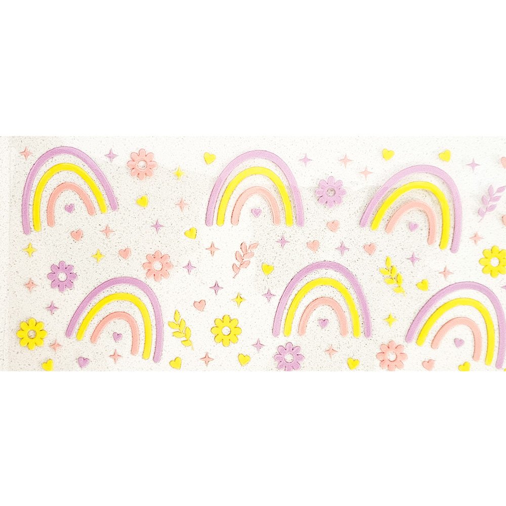 Pastel rainbow vinyl stickers with pink, yellow, and purple arches surrounded by cute flowers, hearts, stars, and sparkles on a white background.