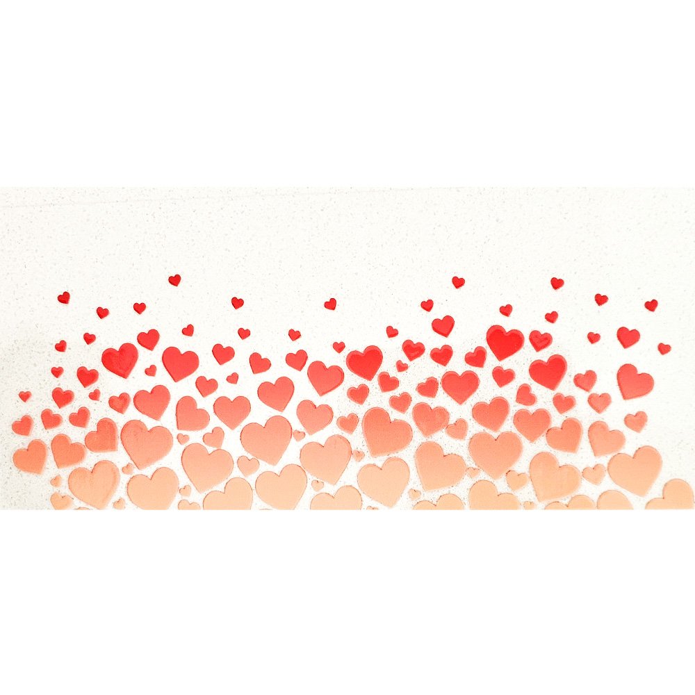 Gradient heart vinyl stickers transitioning from peach to red, scattered across a white background in a bursting upward pattern.