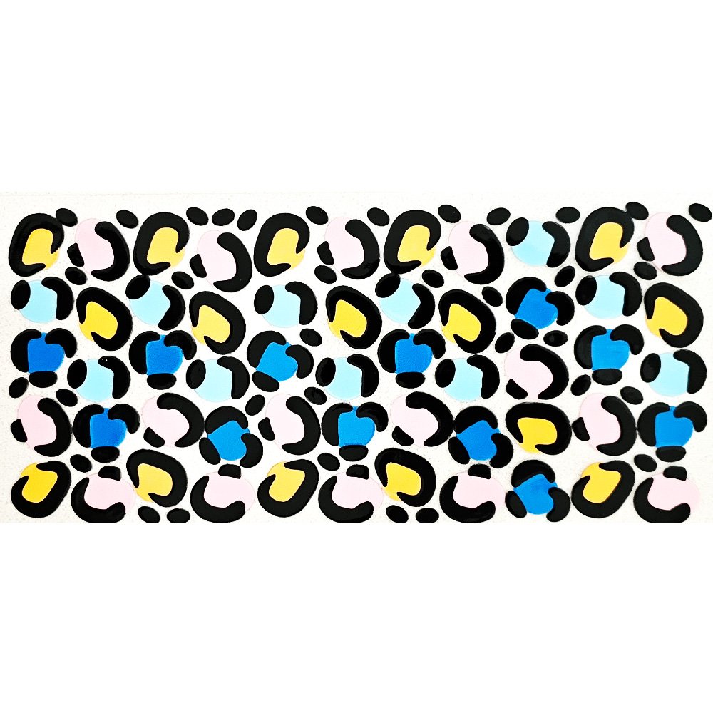 Vinyl sticker sheet with colorful leopard print spots in pastel yellow, blue, pink, and black on a white background.