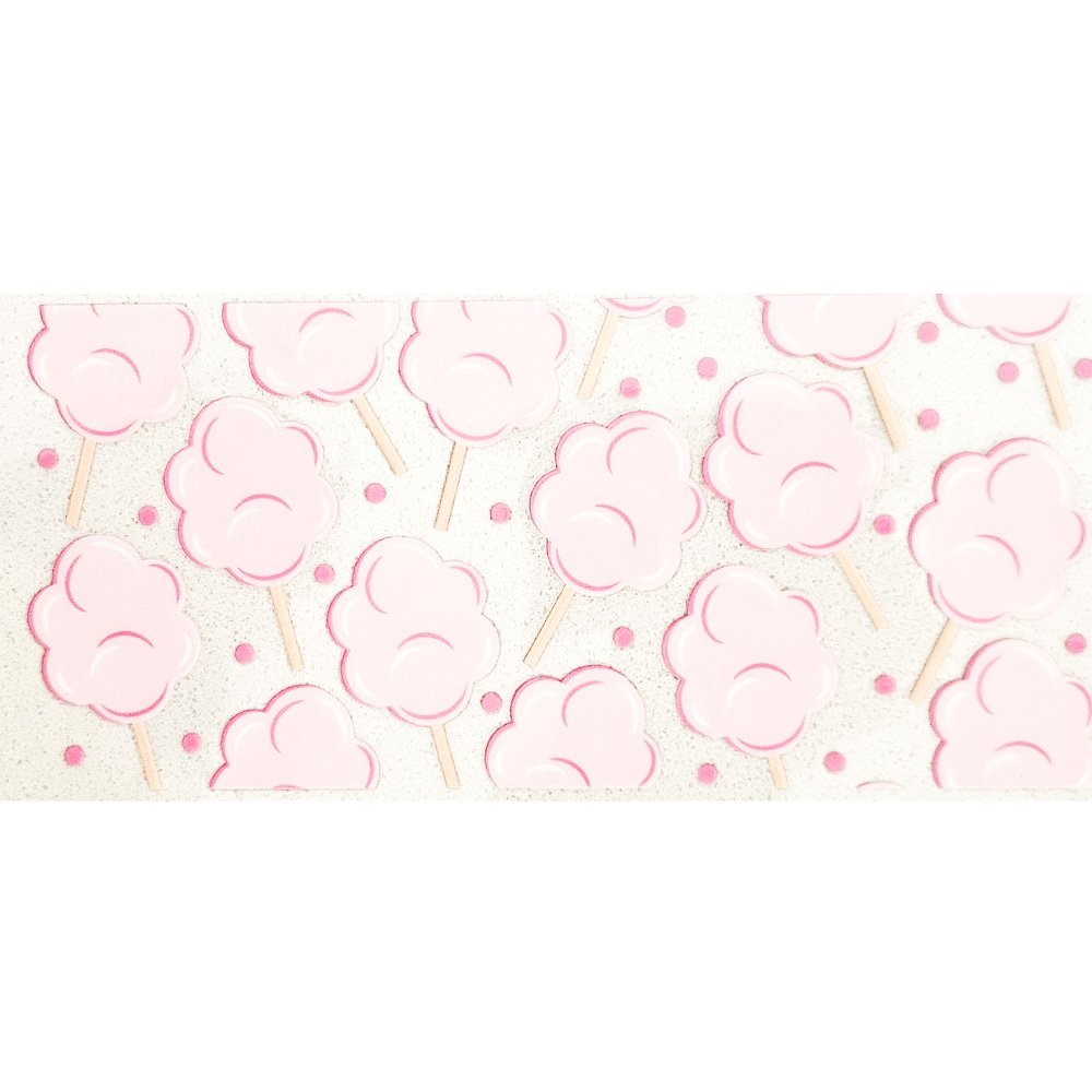 Vinyl sticker sheet with cute pink cotton candy designs and scattered pink dots on a white background.