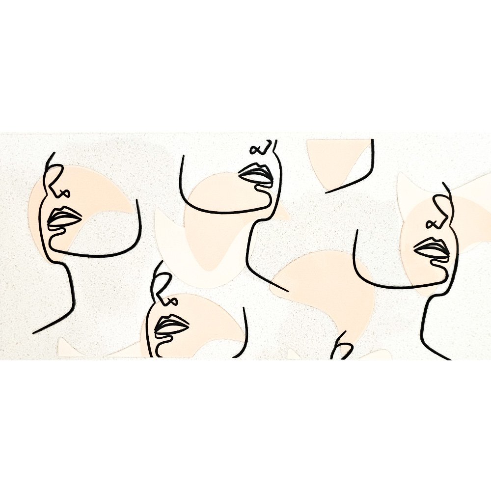 Minimalist vinyl decal featuring continuous line drawings of female faces with abstract beige shapes on a white background.