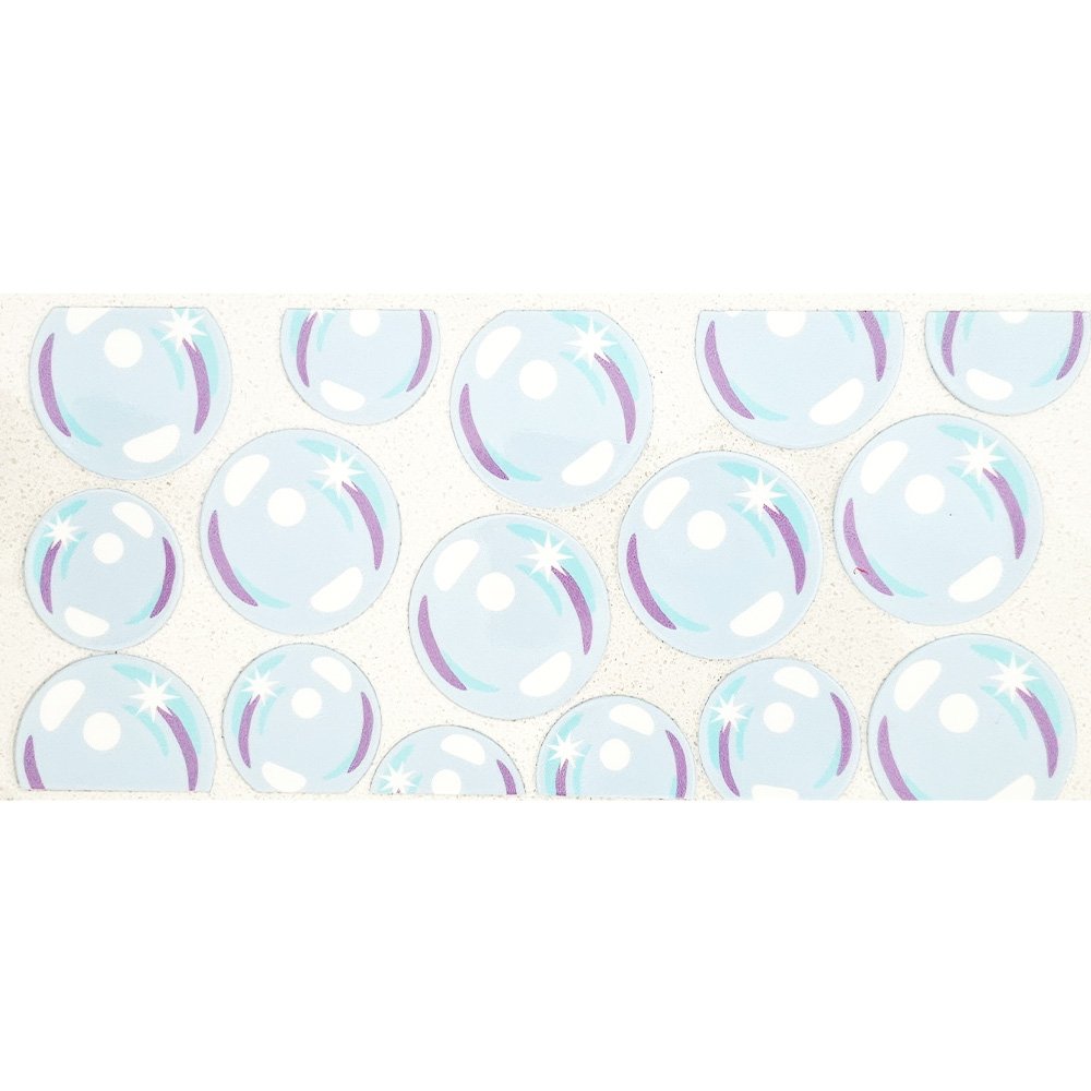 Glossy waterproof stickers designed as light blue bubbles with white reflections and a hint of purple and aqua detailing.