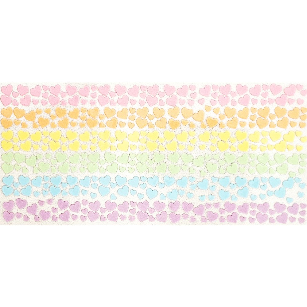 Waterproof vinyl sticker sheet with tiny heart patterns arranged in horizontal rainbow-colored stripes.