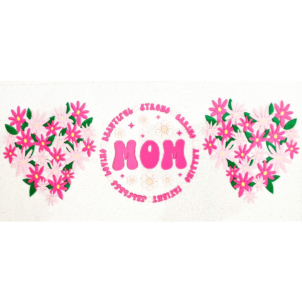 Sticker sheet with floral pink heart shapes and the word “MOM” surrounded by positive words.