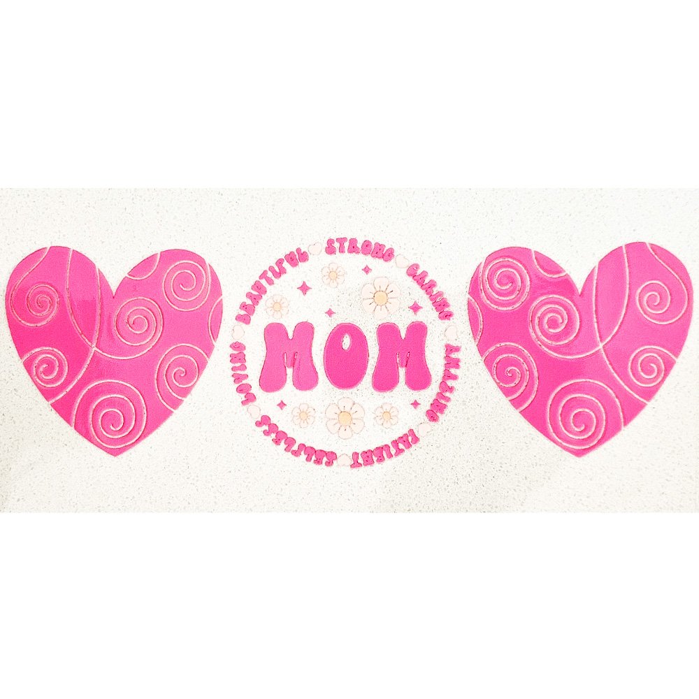 Pink swirl heart and “MOM” sticker sheet with floral accents and positive words.