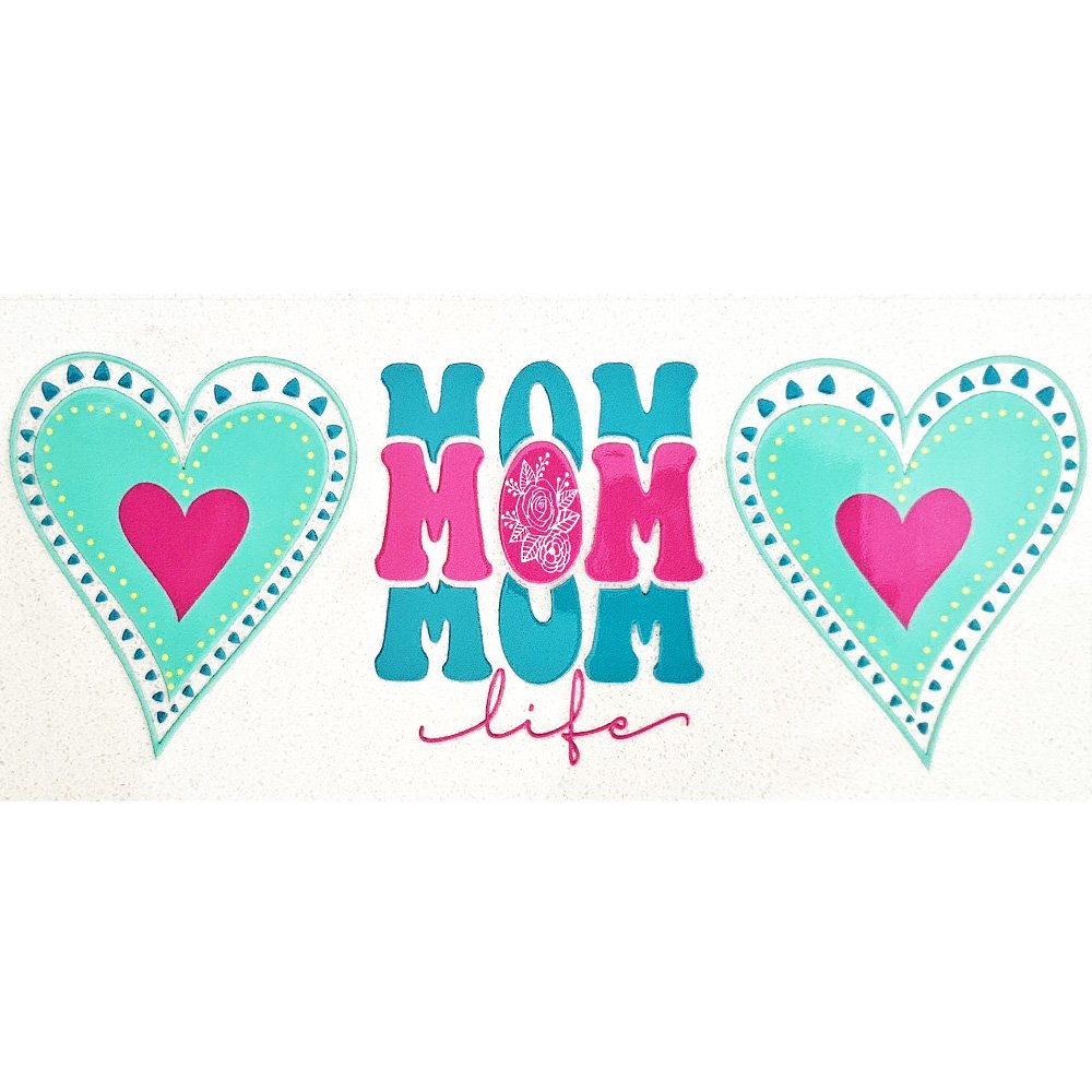 Sticker sheet with teal hearts, pink center hearts, and “MOM MOM MOM life” floral typography.
