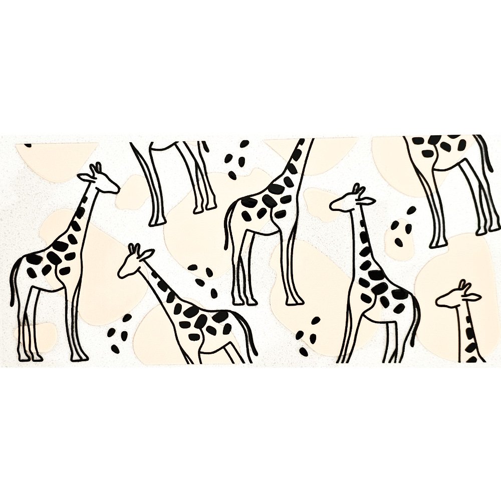 Sticker sheet with black line art giraffes and soft beige abstract shapes.