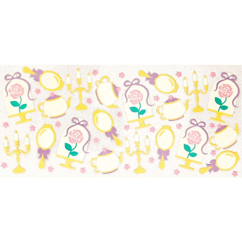 Whimsical sticker sheet featuring enchanted roses, teapots, candlesticks, mirrors, and pastel accents.