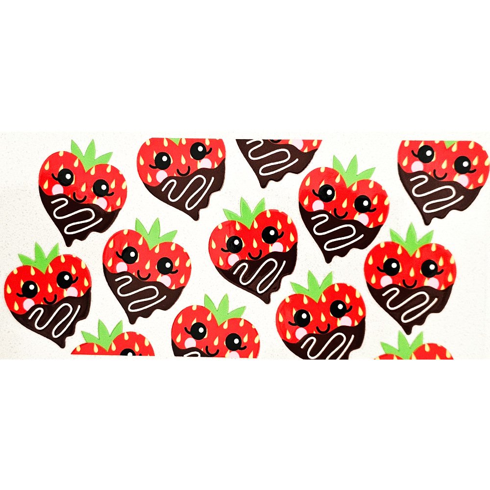 Kawaii-style chocolate-covered strawberry stickers with smiling faces and drizzle accents.