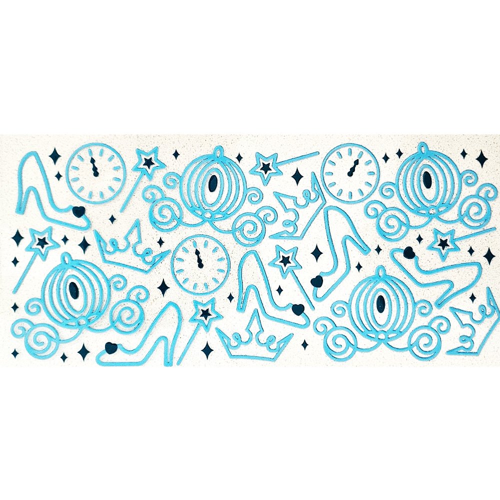 Blue glittery fairytale decal sheet with pumpkins, crowns, slippers, magic wands, and clocks.