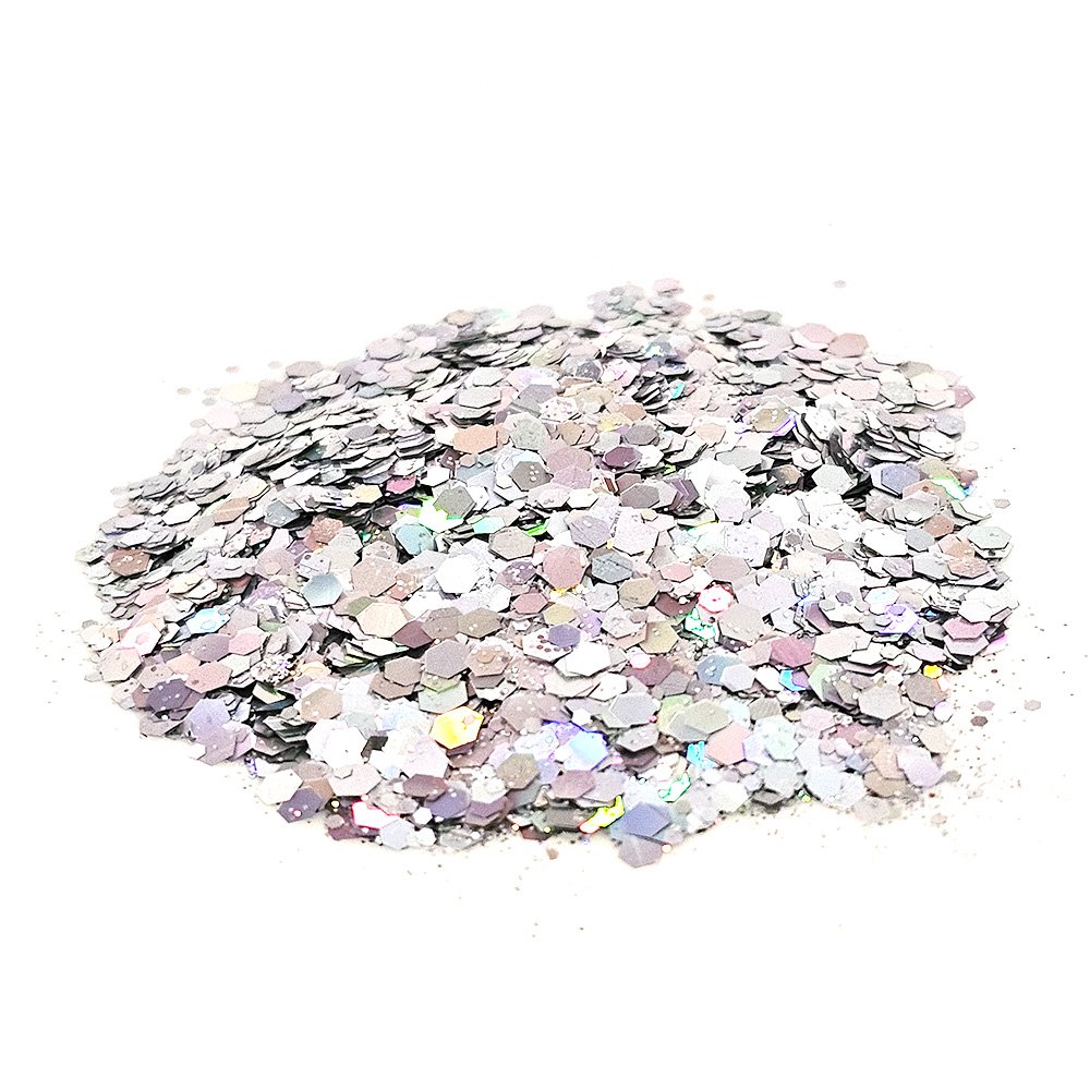 ridescent silver chunky glitter mix with holographic reflections on a white background