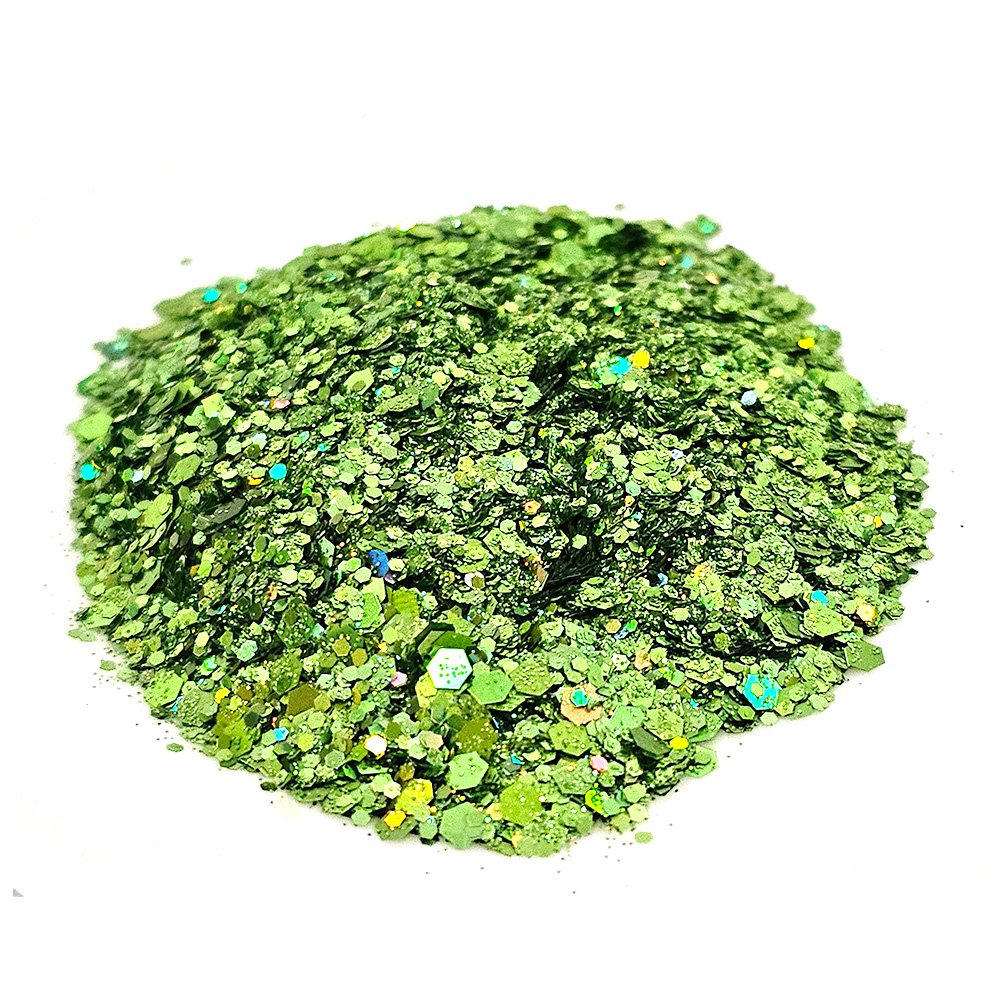 Vibrant green chunky glitter with holographic sparkle on a white background