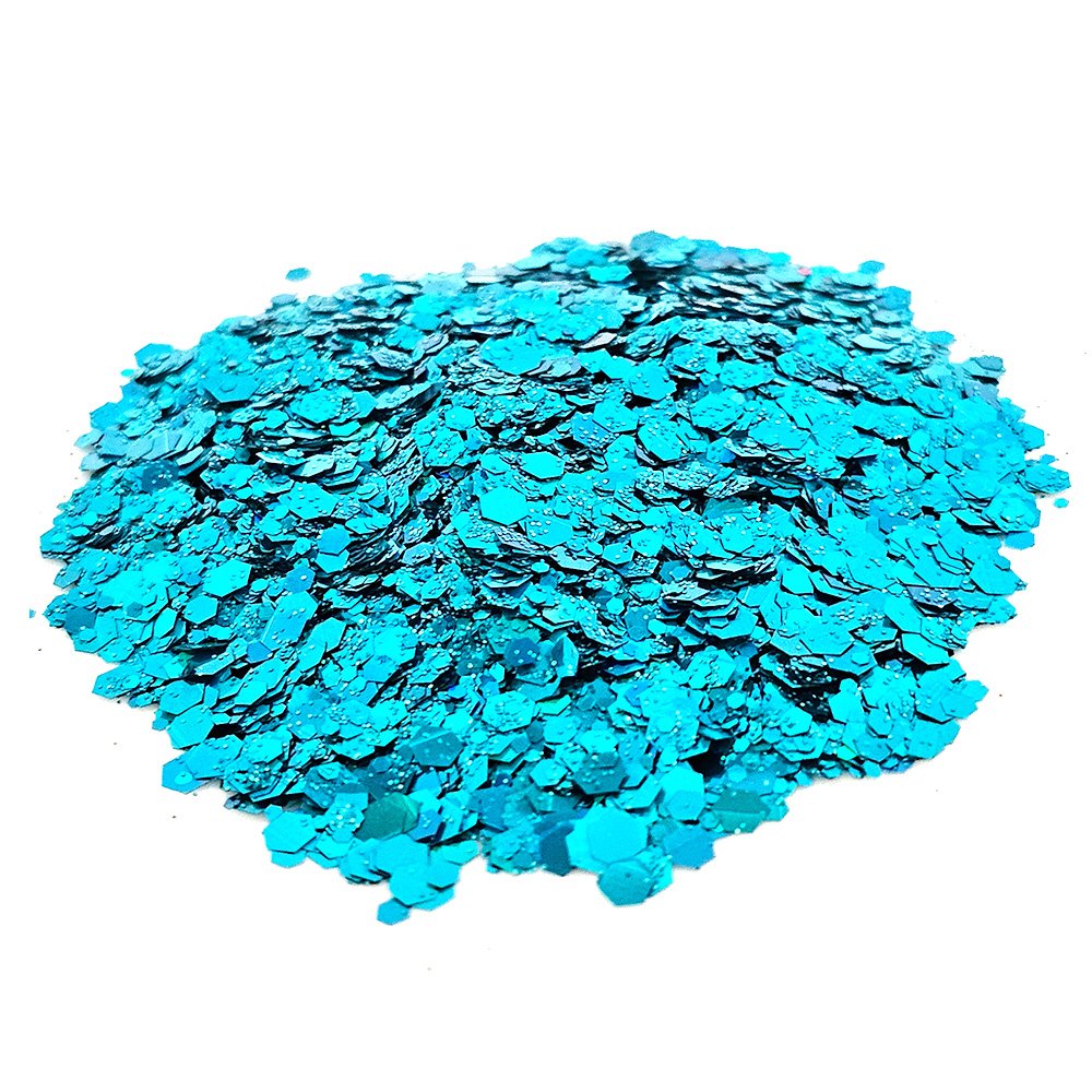 Bright aqua blue chunky glitter with metallic shine on a white background