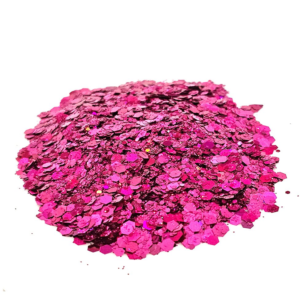 Fuchsia pink chunky glitter with holographic sparkle on a white background