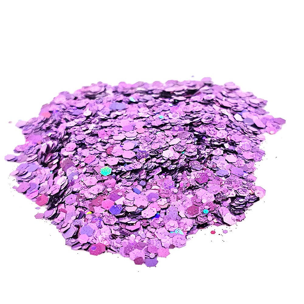 Lilac purple chunky glitter with holographic shimmer on a white background