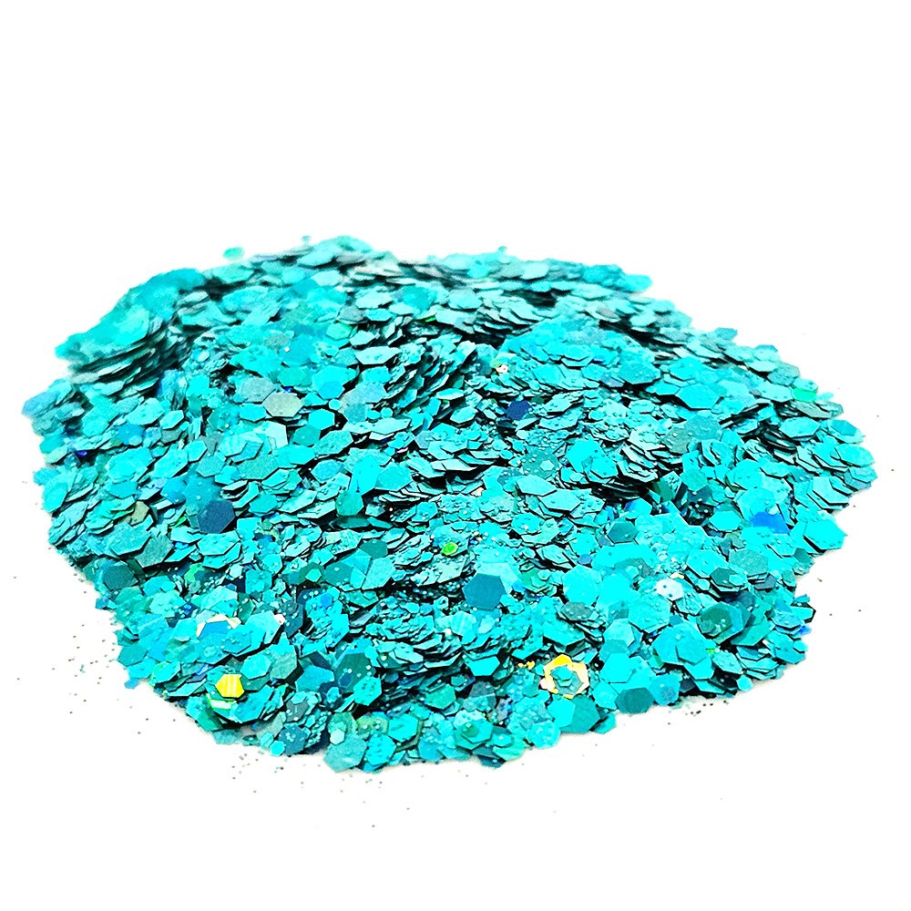 Bright teal chunky glitter with holographic shine on a white background
