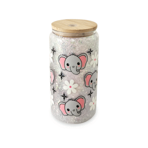 Custom glitter tumbler with elephant decal, bamboo lid, and acrylic straw – 16oz double-walled glass cup.