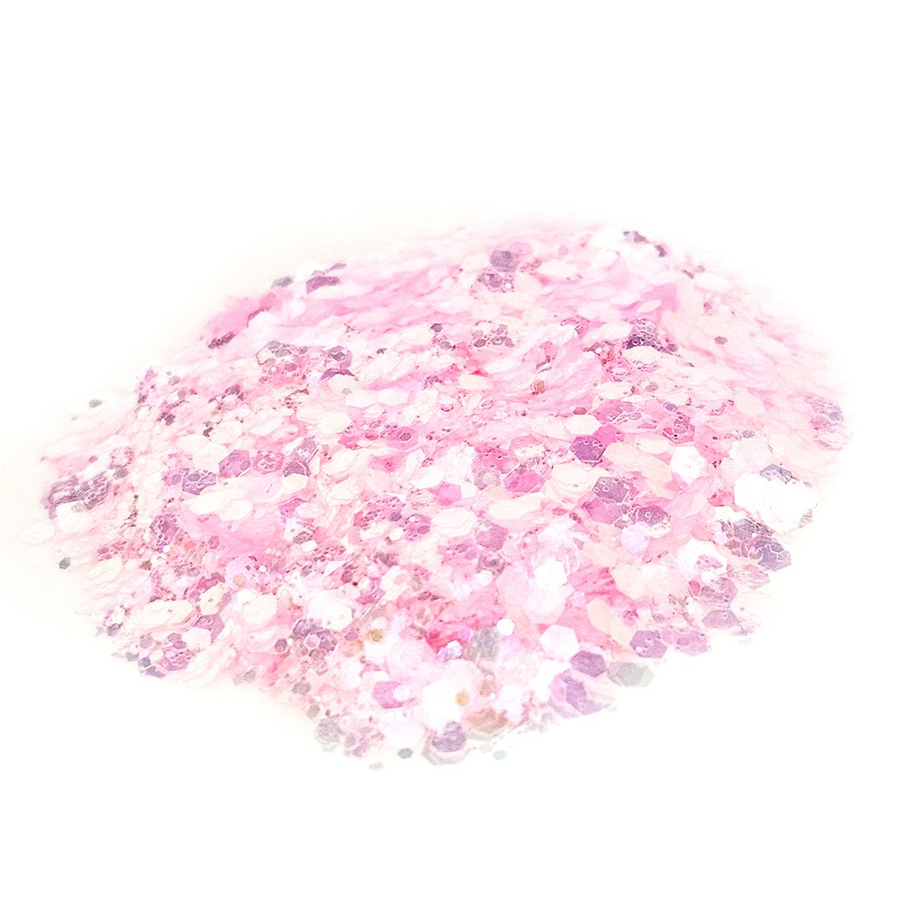 Light pink chunky glitter with iridescent shine and translucent flakes on a white background