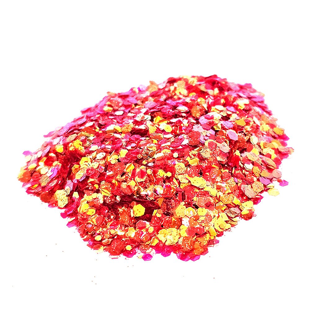 Red, orange, and gold chunky glitter mix with high shimmer on a white background