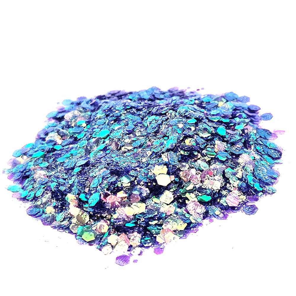 Chunky violet and blue glitter mix with holographic shimmer on a white background